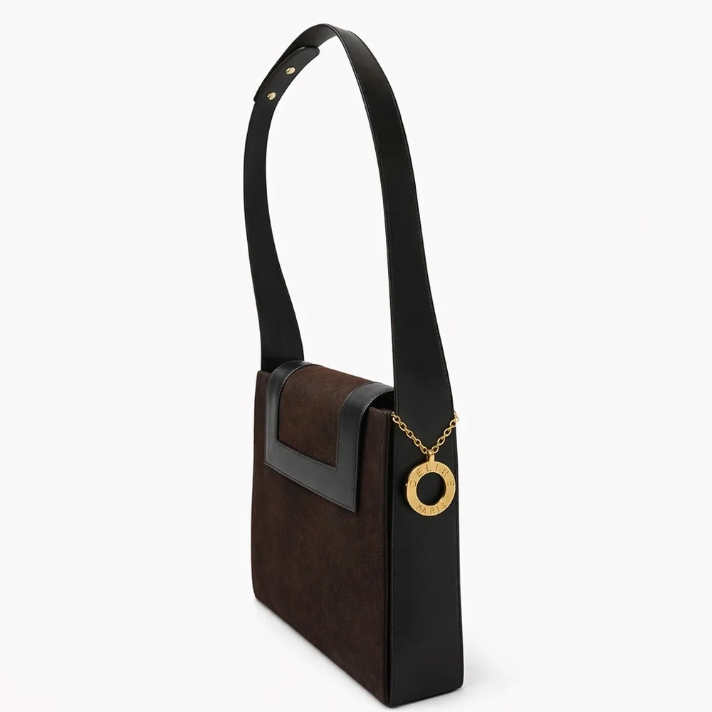 CELINE brown suede leather logo charm shoulder bag